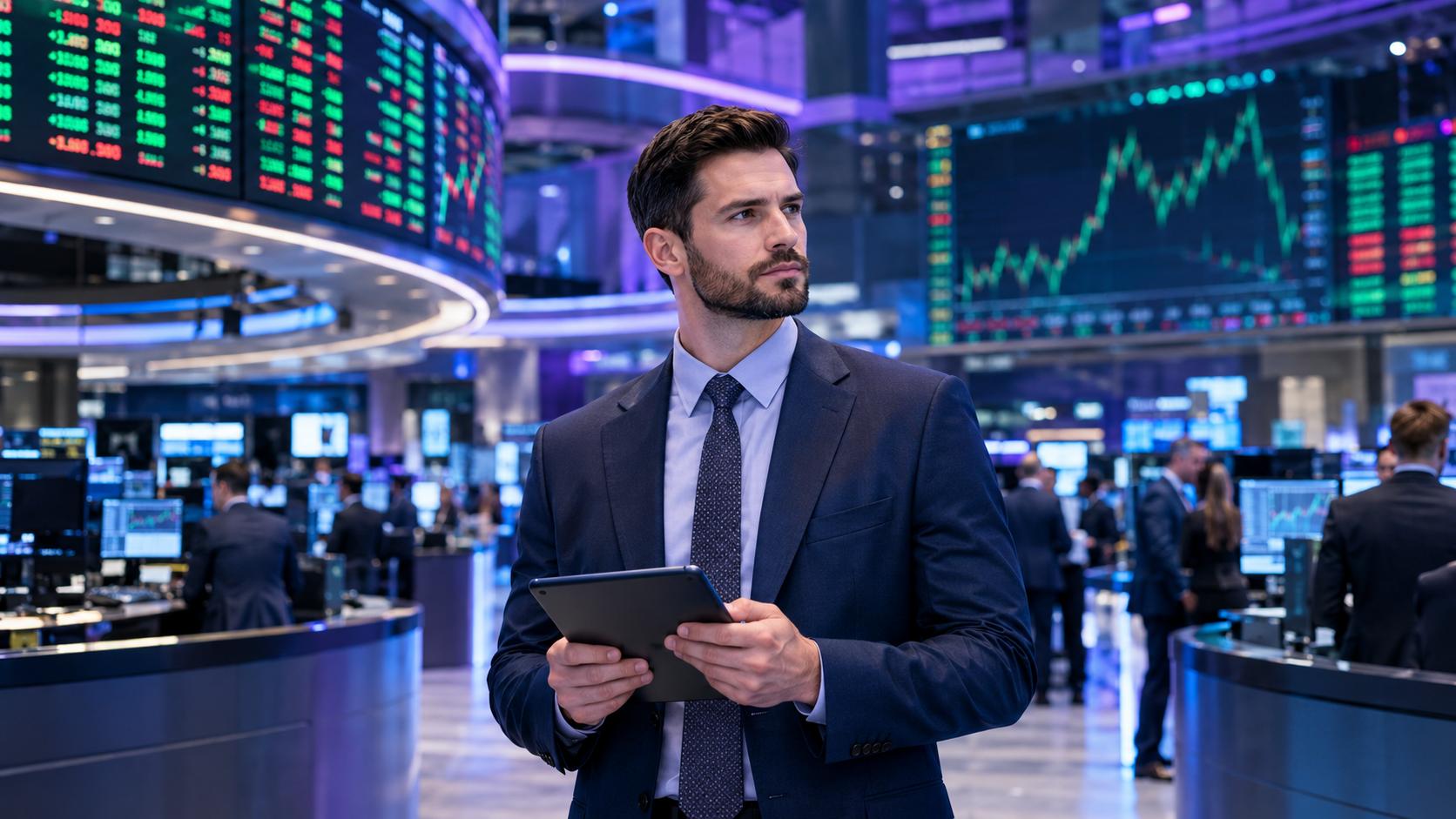 Modern stock exchange trading floor with large screens of green and red tickers