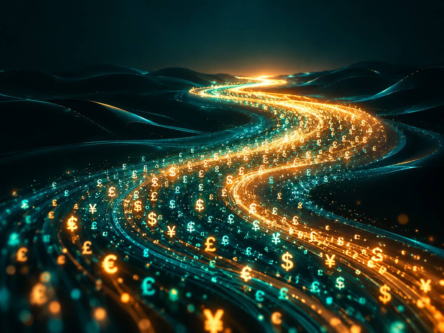 Flowing river of light made of tiny currency symbols